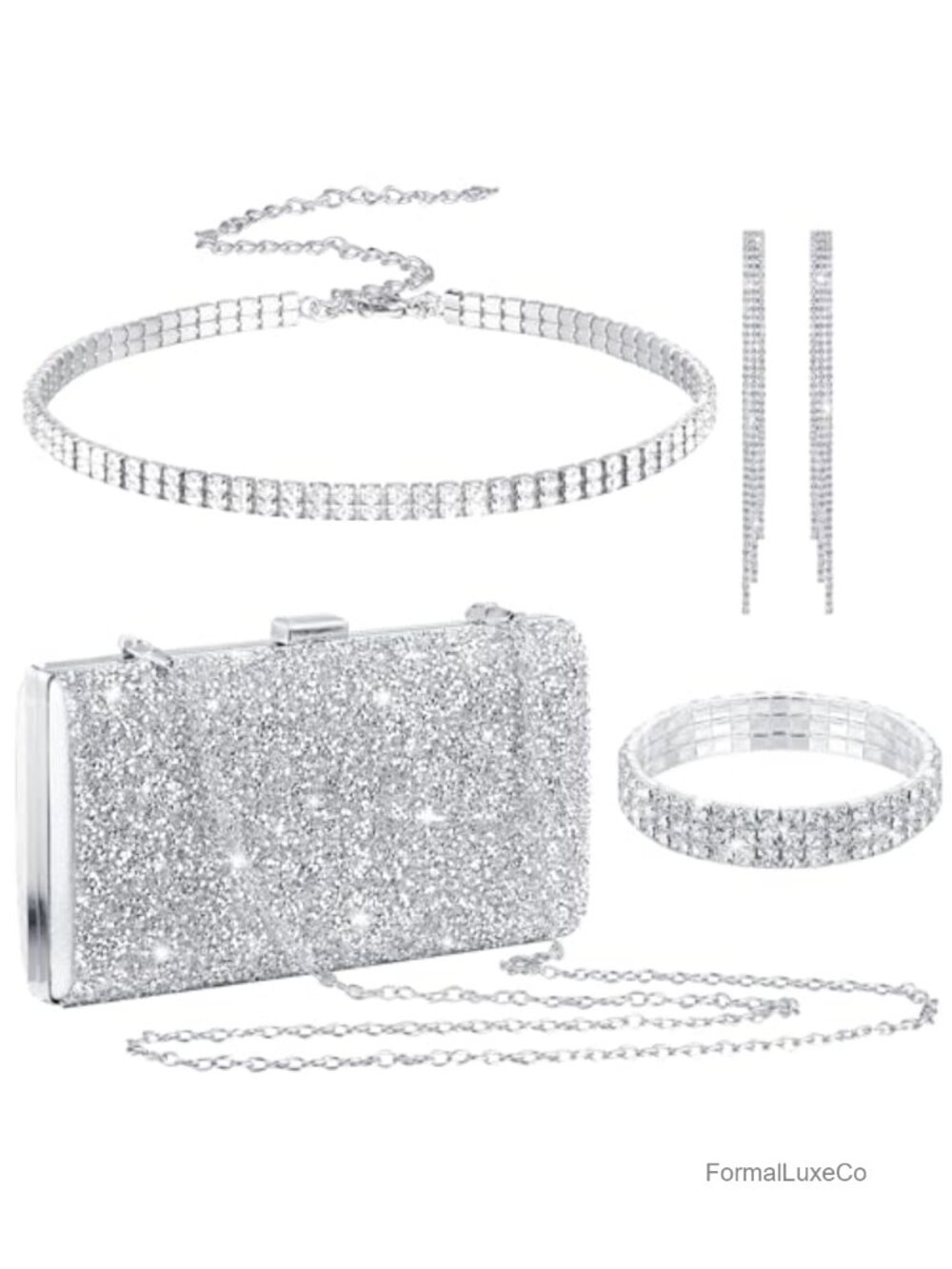 Rhinestone Jewelry Set with Clutch Evening Bag Necklace Bracelet Earrings for